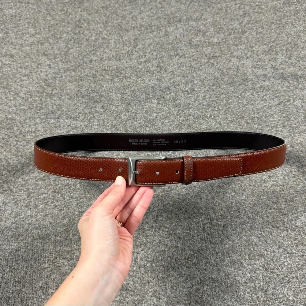 Miguel Bellido Brown Genuine Leather Belt Mens Size 36 Silver Tone Square Buckle